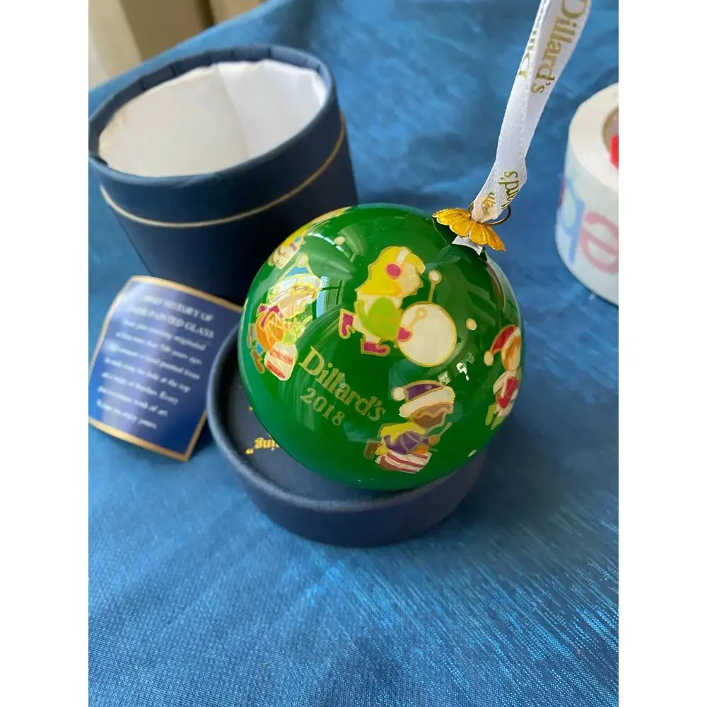 Dillard’s 2018 Hand Painted Glass Christmas Ornament Green Ball Box collection